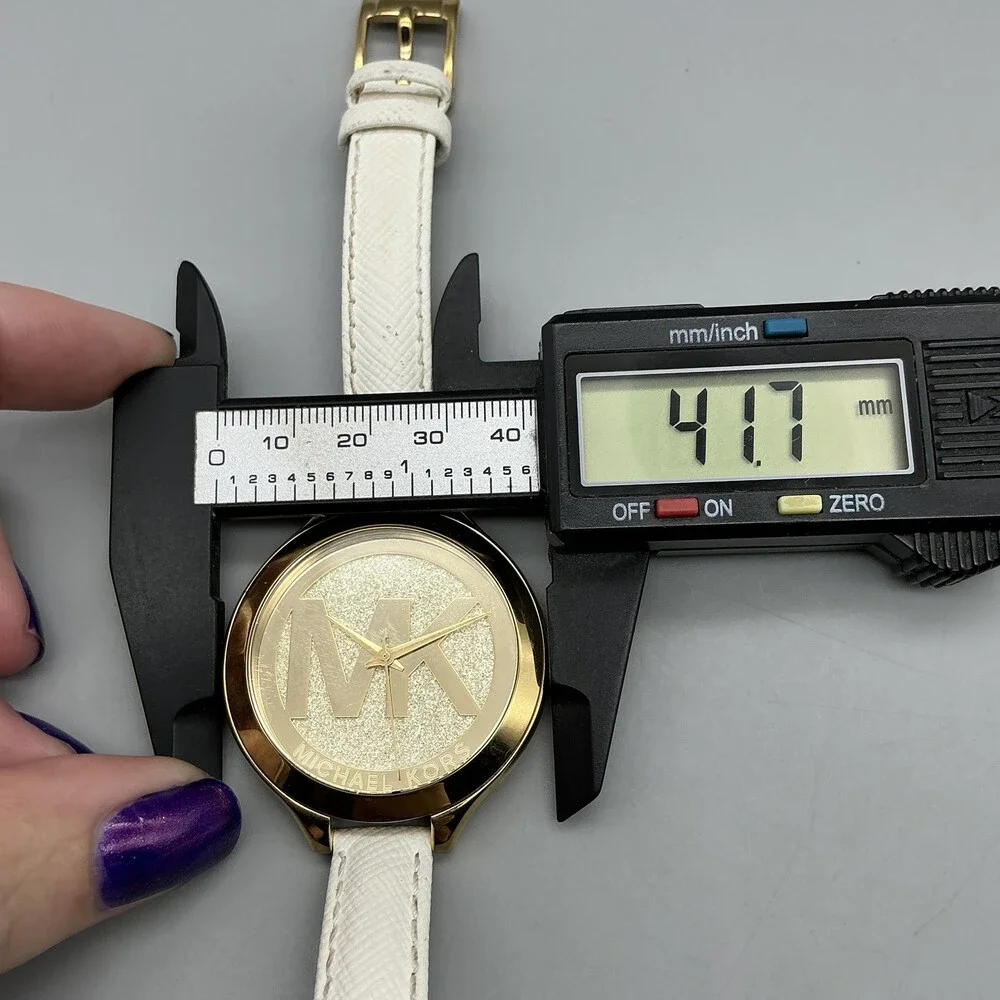 Michael Kors MK-3389 Womens Watch 42mm Gold Tone MK Logo Leather New Battery